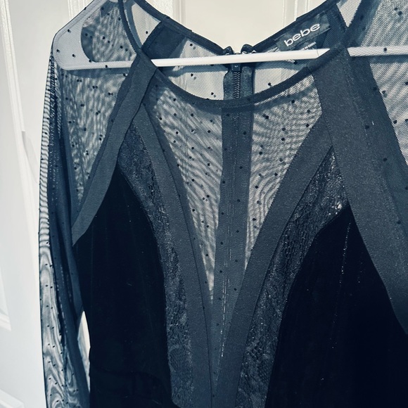 BEBE SWISS DOT COMBO VELOUR CATSUIT. - Picture 5 of 10